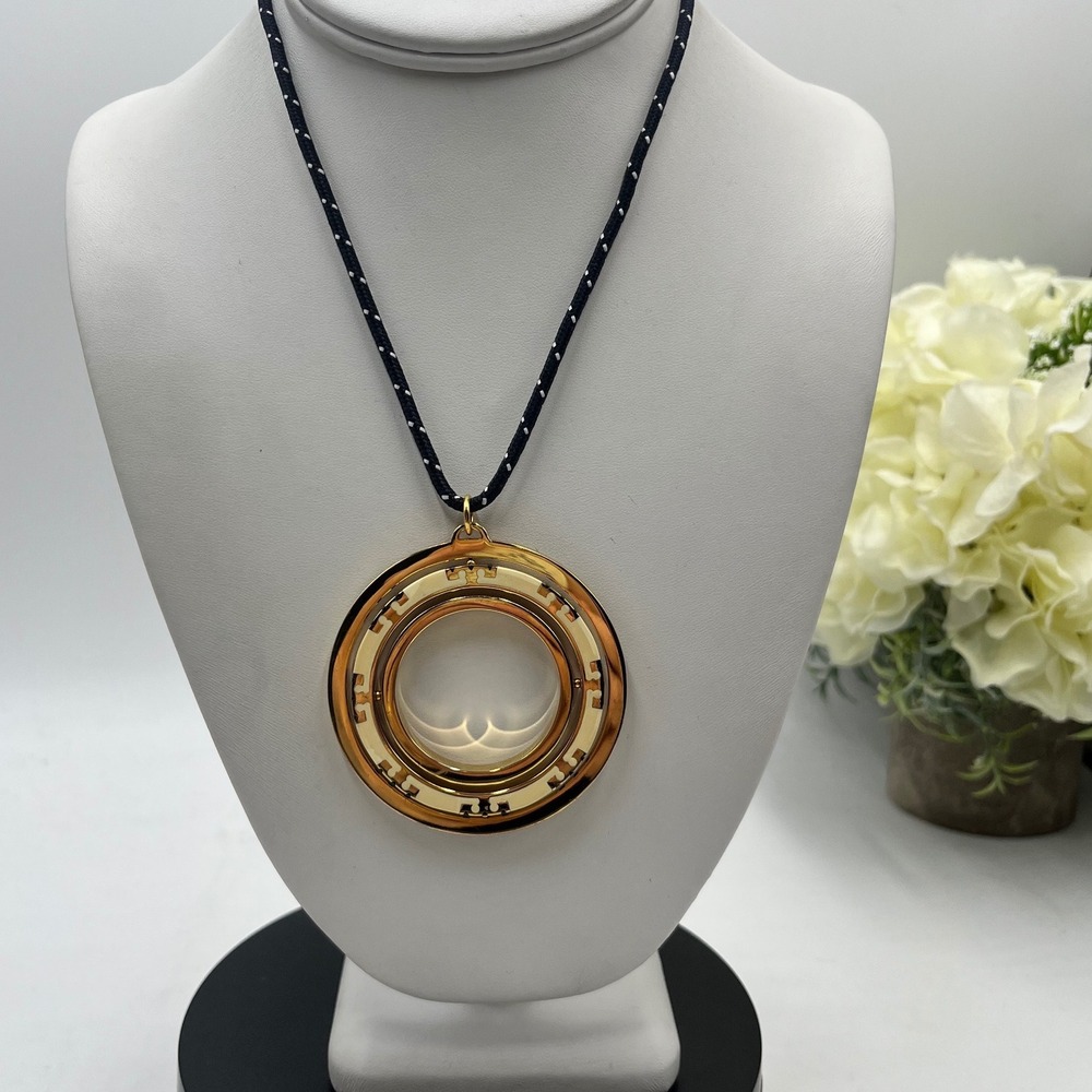 TORY BURCH Enamel T-Stripe Three Ring Logo Pendant Spinning Adjustable Necklace